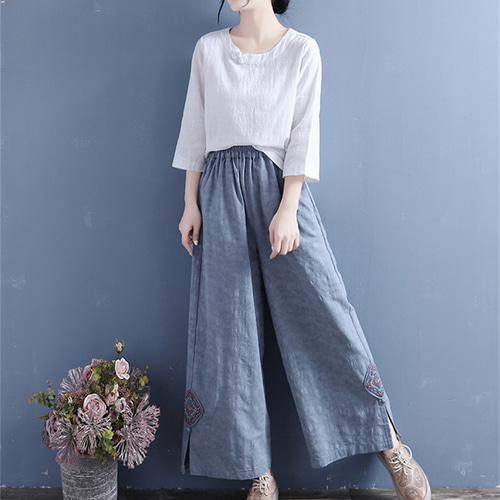 レディースシンプル刺繍ゆったりワイドレッグパンツ キュロット