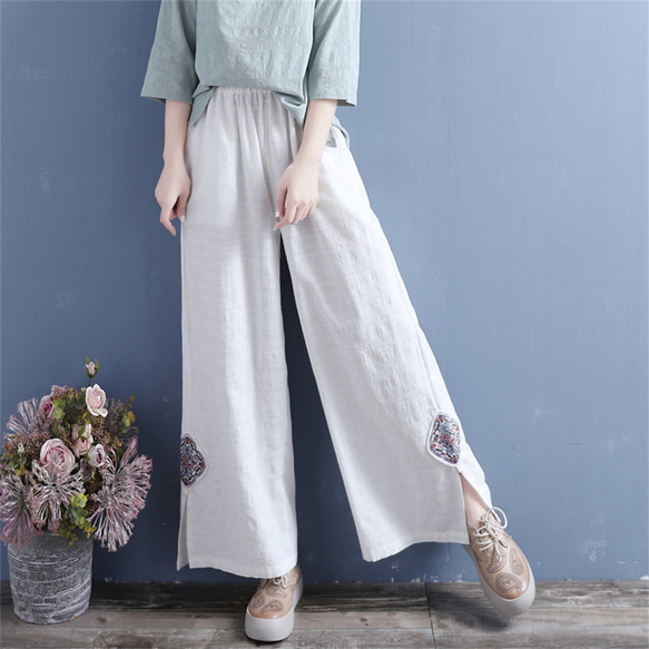 キュロット パンツ ワイドレッグ ゆったり ルーズ シンプル レディースシンプル刺繍ゆったりワイドレッグパンツ キュロット