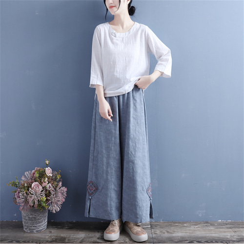 レディースシンプル刺繍ゆったりワイドレッグパンツ キュロット