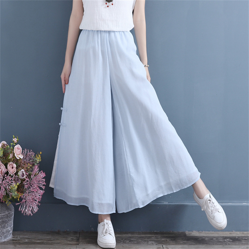 無地ゆったりレディースワイドレッグ綿麻パンツ