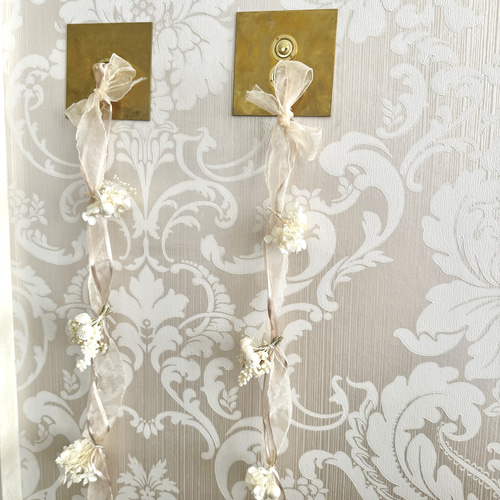 リボン ドライフラワー ガーランド 淡色 ピンクベージュ パール  