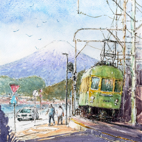 水彩画原画　富士山と江ノ電・七里ガ浜 水彩画原画 富士山と江ノ電・七里ヶ浜 ＃482 絵画 syoumei 通販