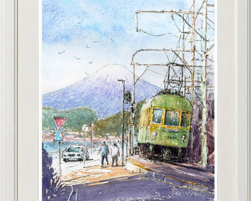 水彩画原画　富士山と江ノ電・七里ガ浜 水彩画原画 富士山と江ノ電・七里ガ浜 ＃650 | iichi 日々の