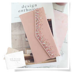 スワロフスキーラインストーンデコレーション手帳型スマホケース【ライトピンク×ピンクストーン】ショルダーストラップ付 6枚目の画像