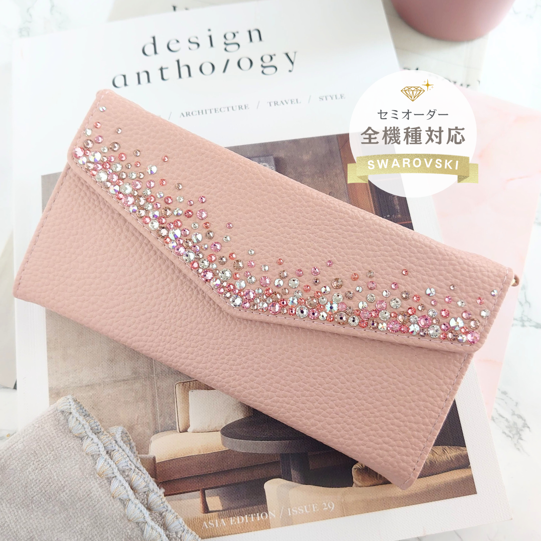 スワロフスキーラインストーンデコレーション手帳型スマホケース【ライトピンク×ピンクストーン】ショルダーストラップ付
