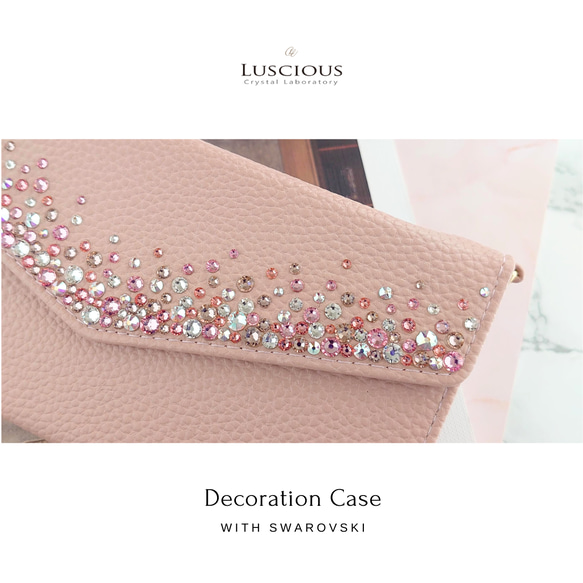 スワロフスキーラインストーンデコレーション手帳型スマホケース【ライトピンク×ピンクストーン】ショルダーストラップ付 8枚目の画像
