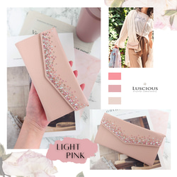 スワロフスキーラインストーンデコレーション手帳型スマホケース【ライトピンク×ピンクストーン】ショルダーストラップ付 3枚目の画像