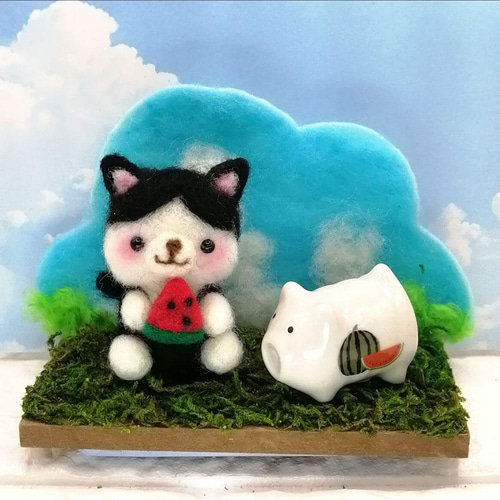 ハンドメイド☆羊毛フェルト 夏 ネコ スイカ 猫 ハンドメイド☆羊毛