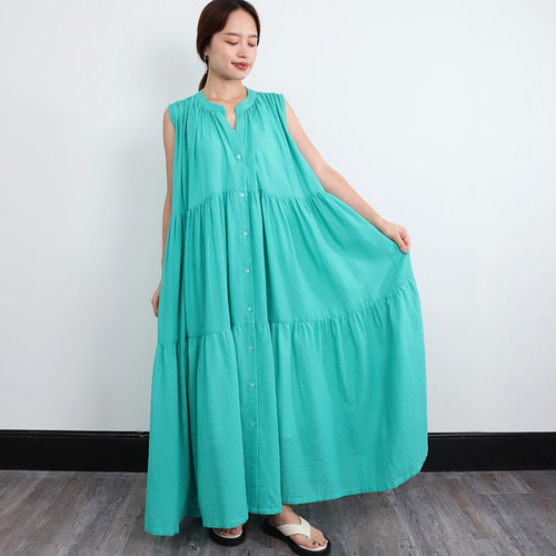 軽やかな着心地 コットン 前開き ティアードワンピース エメラルド