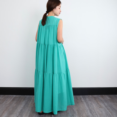 軽やかな着心地 コットン 前開き ティアードワンピース エメラルド