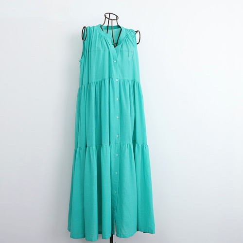 軽やかな着心地 コットン 前開き ティアードワンピース エメラルド