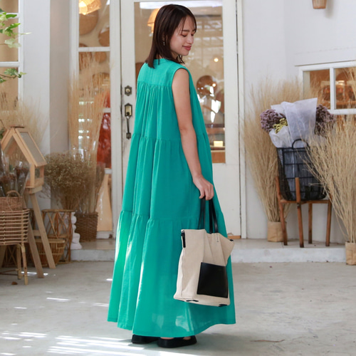 軽やかな着心地 コットン 前開き ティアードワンピース エメラルド
