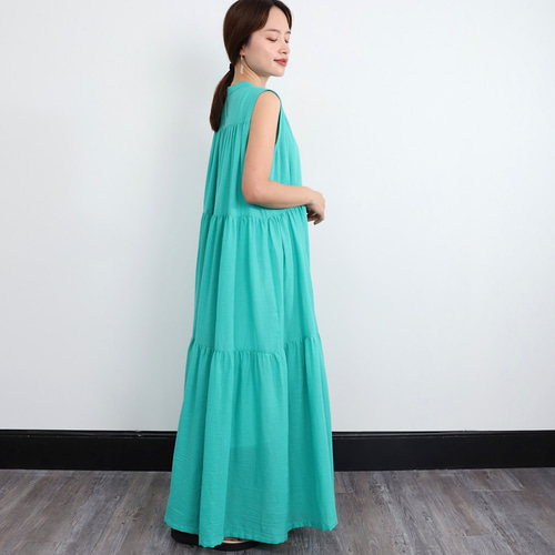軽やかな着心地 コットン 前開き ティアードワンピース エメラルド