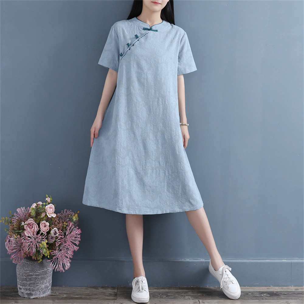レディース夏のファッション短袖綿麻ワンピース