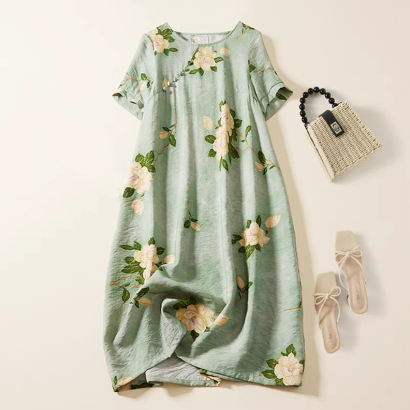 ロング丈スカート、夏ワンピース、コットンリネンワンピース、綿麻