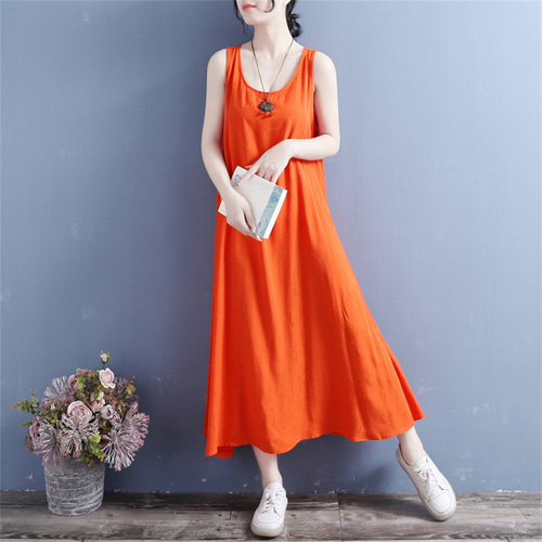 夏の綿麻薄手ゆったりノースリーブワンピース ワンピース