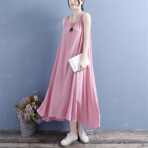 夏の綿麻薄手ゆったりノースリーブワンピース ワンピース