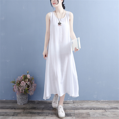 夏の綿麻薄手ゆったりノースリーブワンピース ワンピース