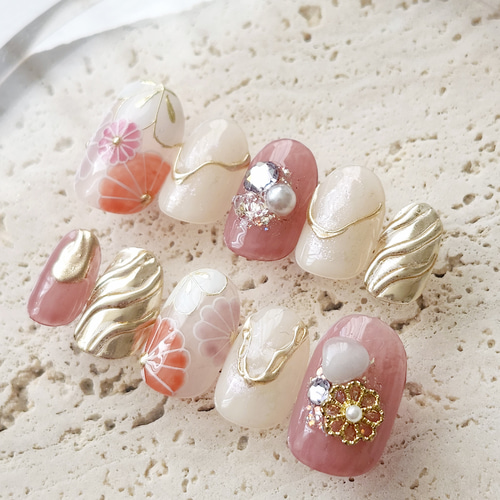 和柄No.07】ピンクニュアンス和柄ネイル ネイルチップ 成人式 卒業式