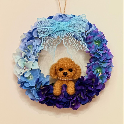 紫陽花とプードルちゃんのリース 羊毛フェルト LuLuCoCo 通販 17733419