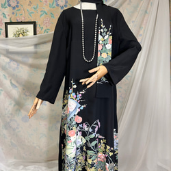 着物リメイク 3Lサイズ 四季の花 黒留袖ドレス 長袖 友禅染め