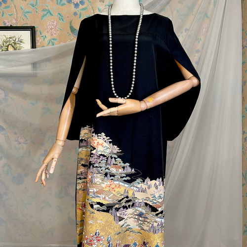 金彩 黒留袖ドレス ケープスリーブ 着物リメイク ハンドメイド