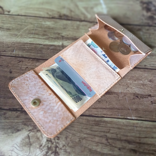 コーヒー豆ホックのミニ財布 アラスカレザー 本革 キャメル 三つ折り