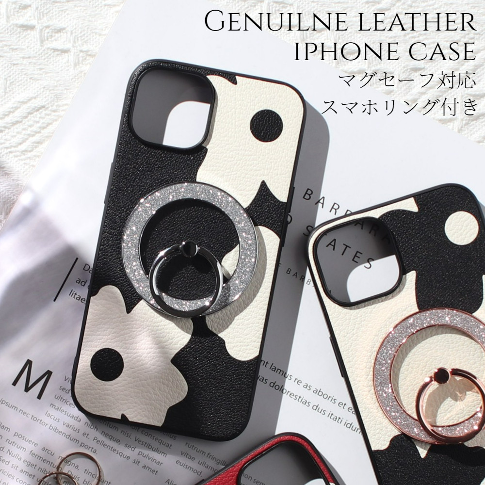 iphone ケース 本革 16 15 14 13 mini レザー マグセーフ対応 リング付き 花柄 大人かわいい