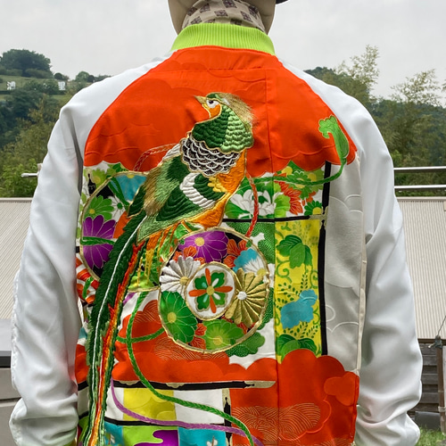着物リメイクスカジャン 尾長鳥 リバーシブル 横振り刺繍 メンズL〜LL