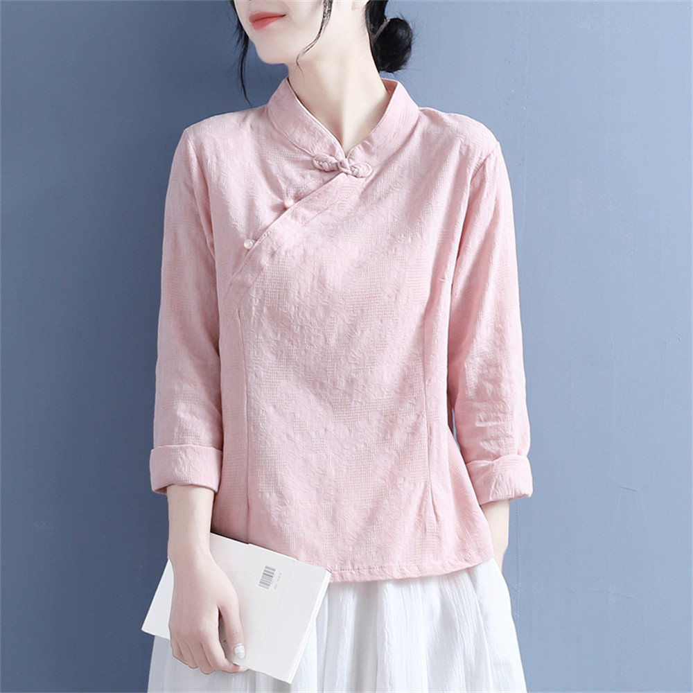 無地綿麻レディース長袖シャツトップ