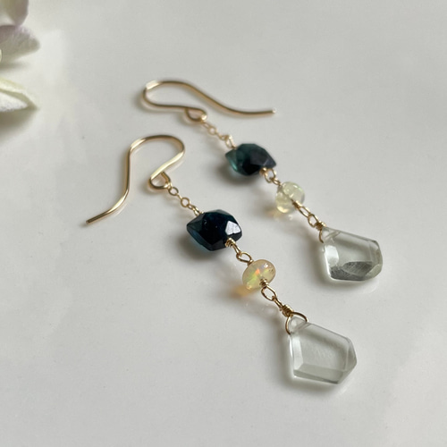 14kgf トルマリン×グリーンアメジスト×オパール ピアス／イヤリング  