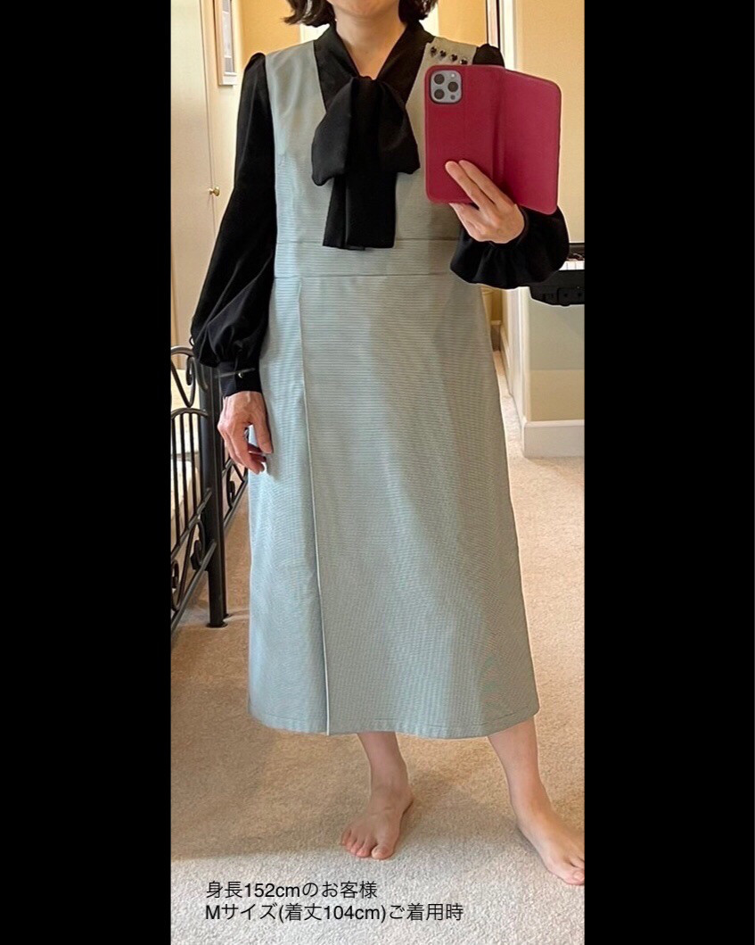 ブルーグレーのジャンパースカート(サロペットスカート)【フォーマル/くすみカラー/肩パールボタン】