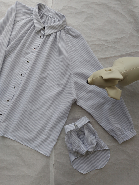 綿ローンストライプ生地を使ったラグランスリーブシャツ犬服とお揃いの  