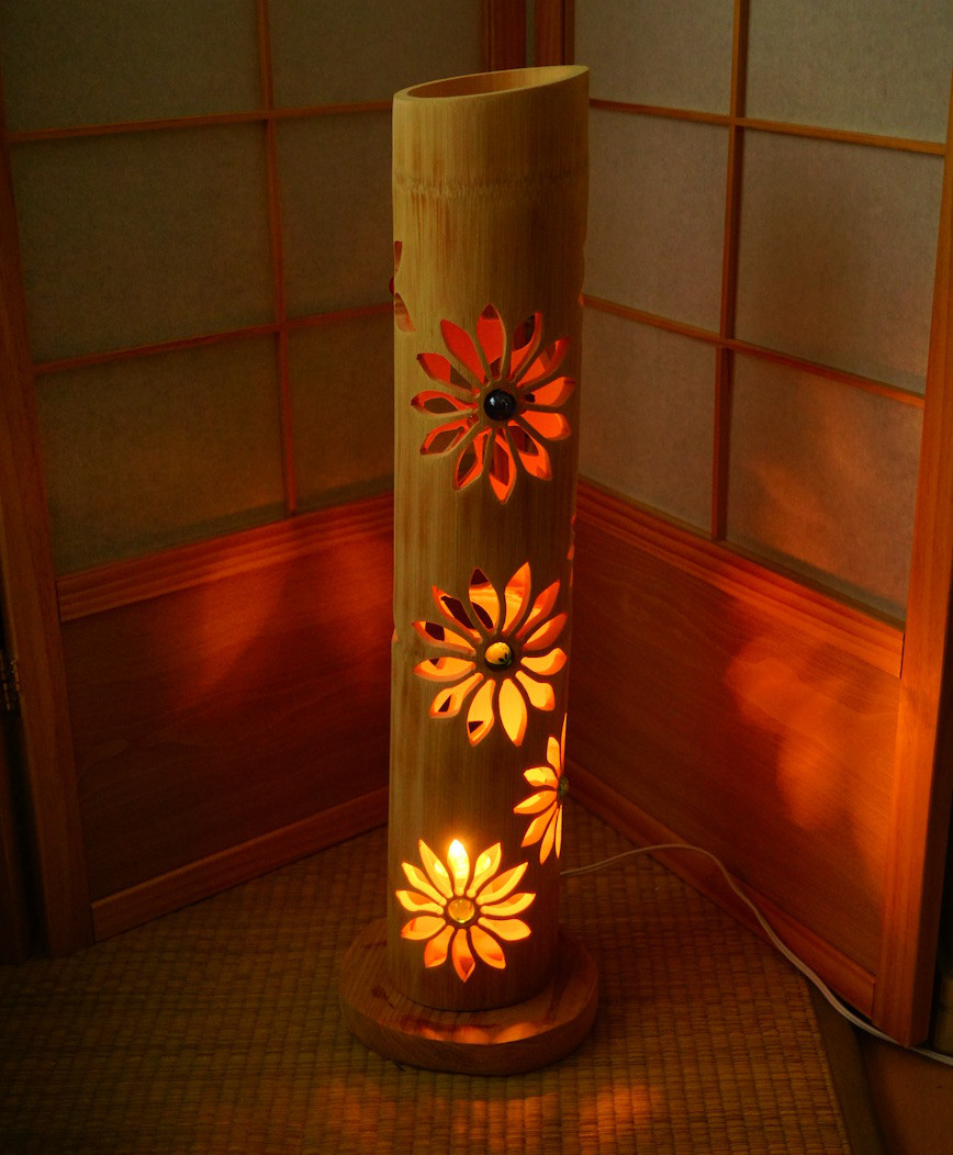 ◆ビー玉埋め込み・両面彫◆竹灯り・竹あかり・竹灯籠　 ～～ 癒しの灯り　★十輪華★～～