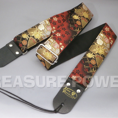 和柄ギターストラップ 扇面/赤-黒 京都西陣織 金襴生地 tiny products