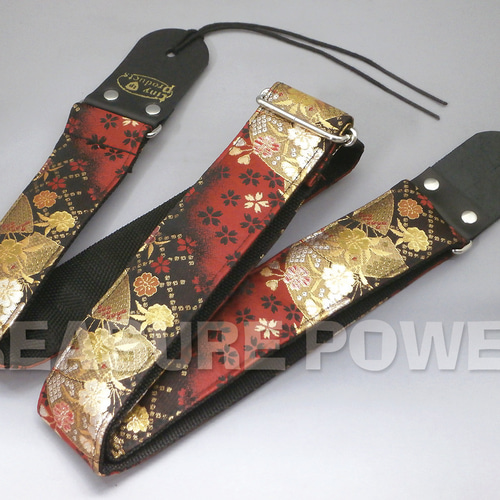 和柄ギターストラップ 扇面/赤-黒 京都西陣織 金襴生地 tiny
