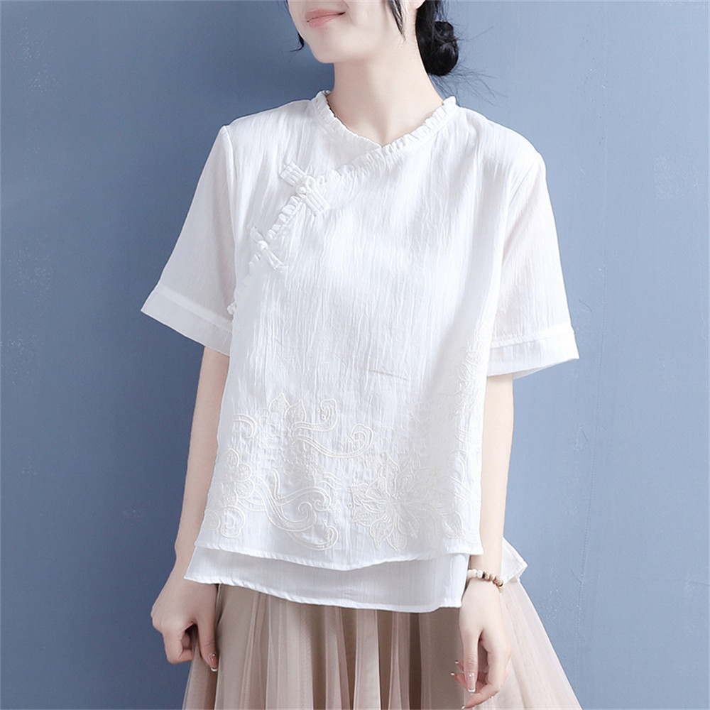 丸首のルーズなレディース綿麻ショートスリーブトップ
