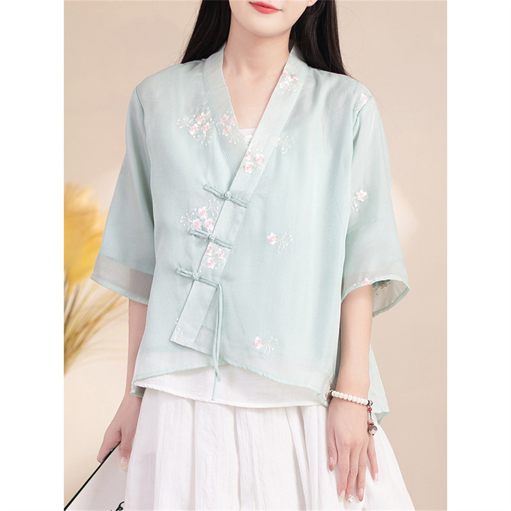 夏用の刺繍入り薄手のレディースショートスリーブカーディガン