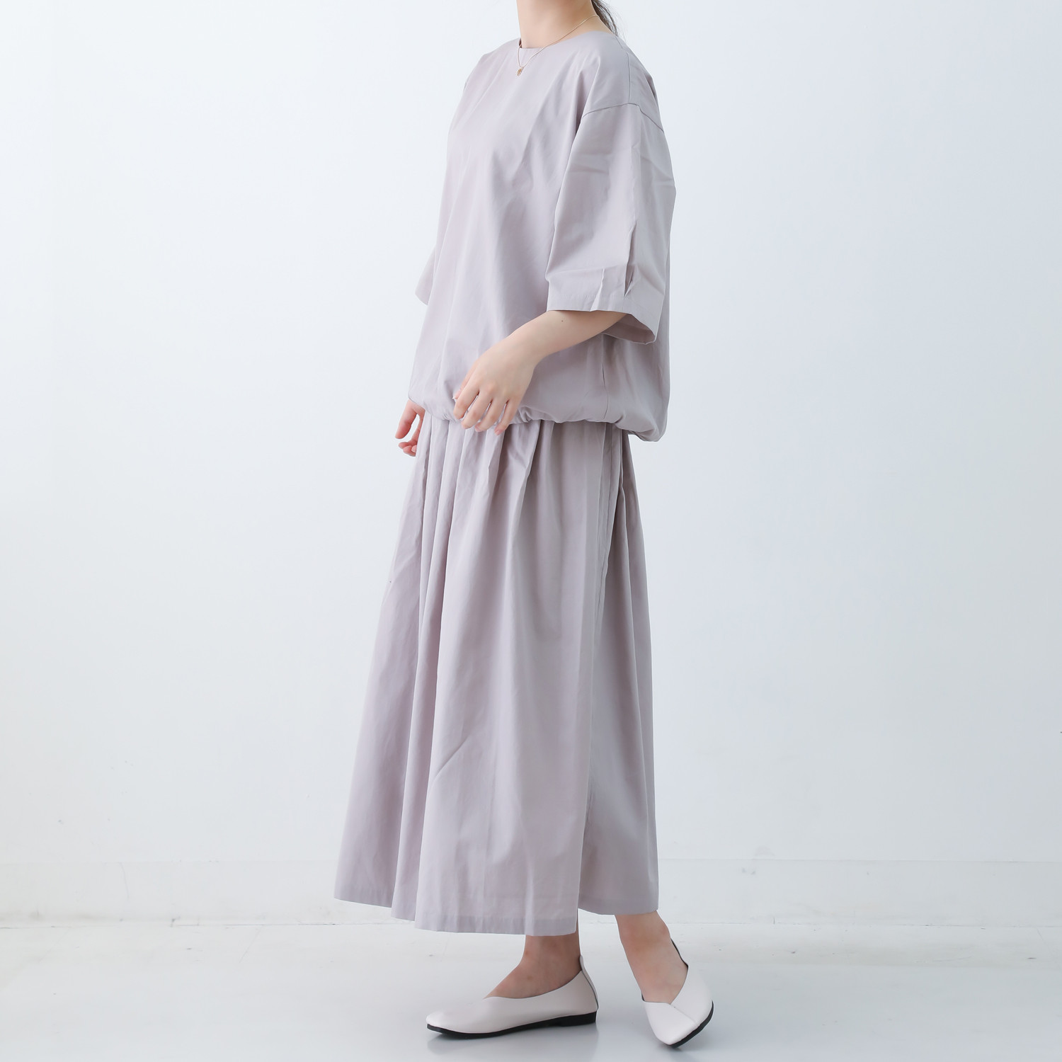 セットアップ◎さらっとシボ感のある夏のドロストブラウス&スカート ピンクグレー nunono-67