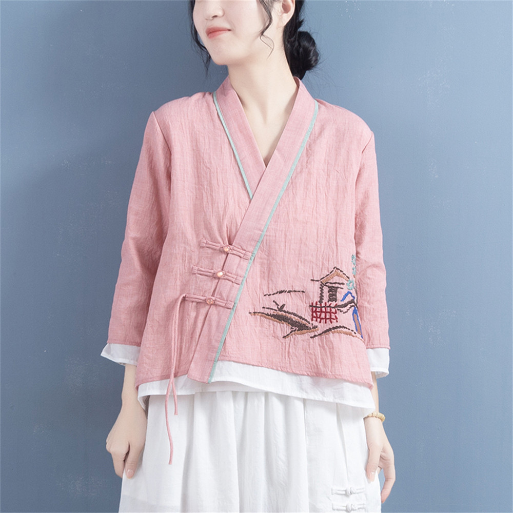 レディース刺繍入り綿麻ロングスリーブトップ 4,466円