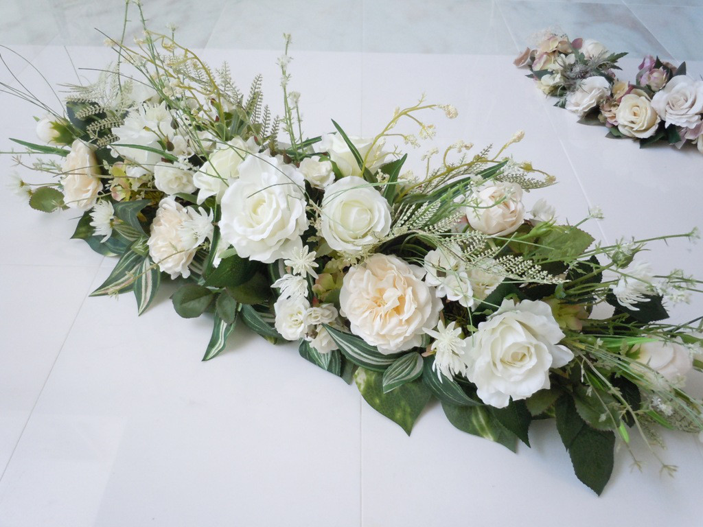 ◆ナチュラル ホワイト＆グリーン 90cm テーブル装花◆ウエディング メインテーブル 高砂 結婚式場 フラワーアレンジ