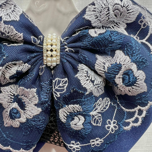 ネイビー×花柄レースのシニヨンネットバレッタ(薄手生地) ネット ネイビー×花柄レースのシニヨンネットバレッタ(薄手生地) ネット