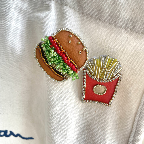 ハンバーガー&ポテトSET ブローチ ビーズ刺繍 ブローチ 373-mee