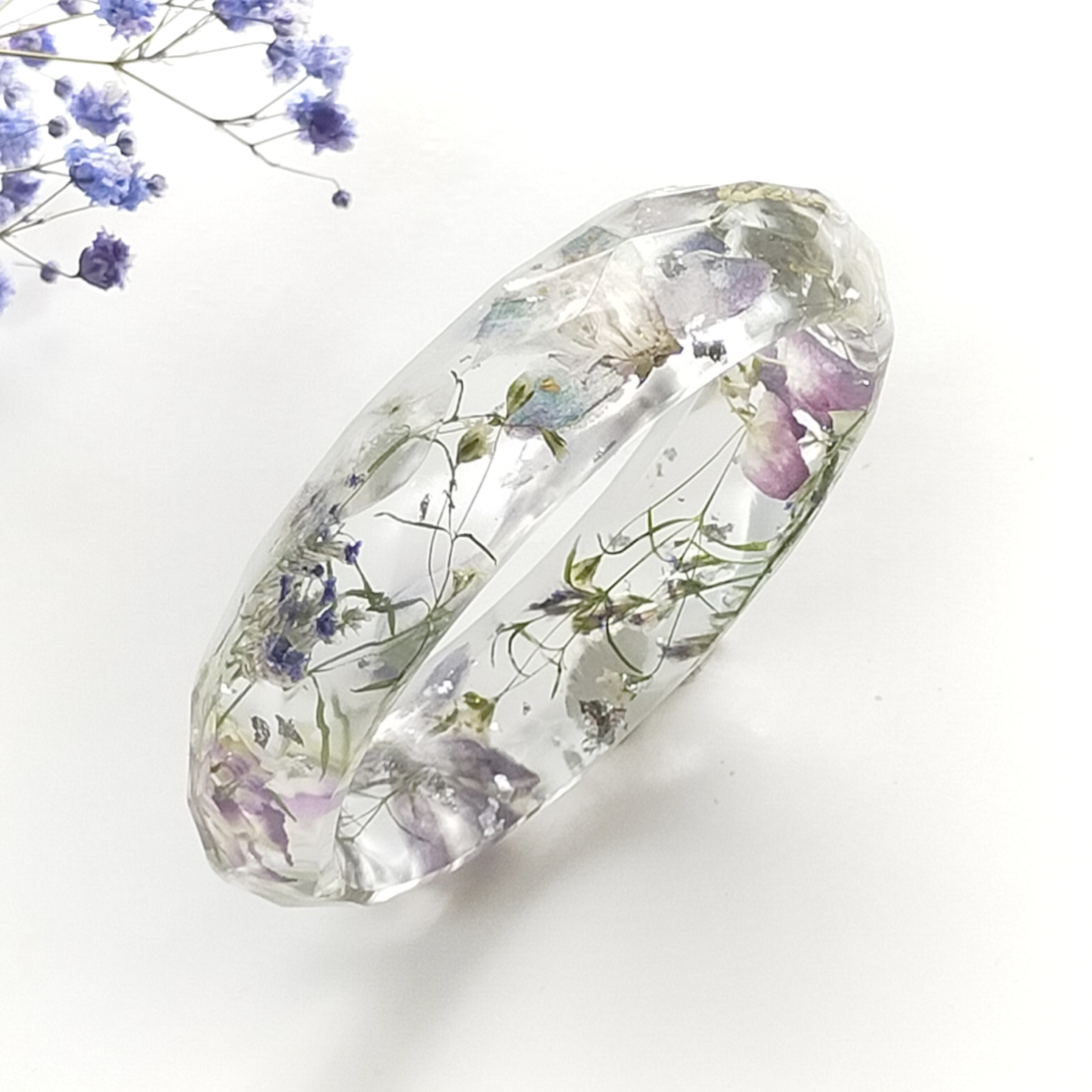 〜彩 さい〜　バングル　紫陽花　あじさい　アジサイ　かすみ草　クリア　レジン　フラワー　透明　勿忘草　忘れな草　誕生日