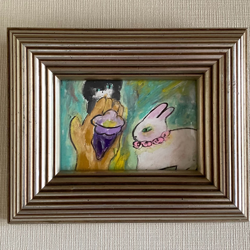 絵画。原画【手の中の紫色のアサガオ、かわいい黒猫とウサギ】 絵画。原画【手の中の紫色のアサガオ、かわいい黒猫とウサギ