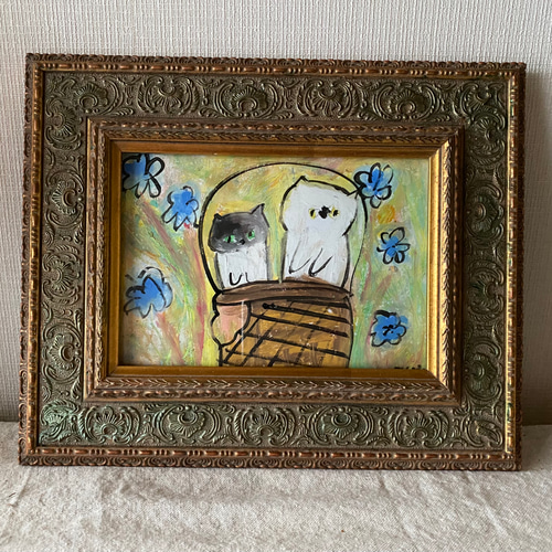 絵画。原画【可愛い猫ちゃんたちを連れて楽しい遠足に行く】 絵画。原画【可愛い猫ちゃんたちを連れて楽しい遠足に行く】