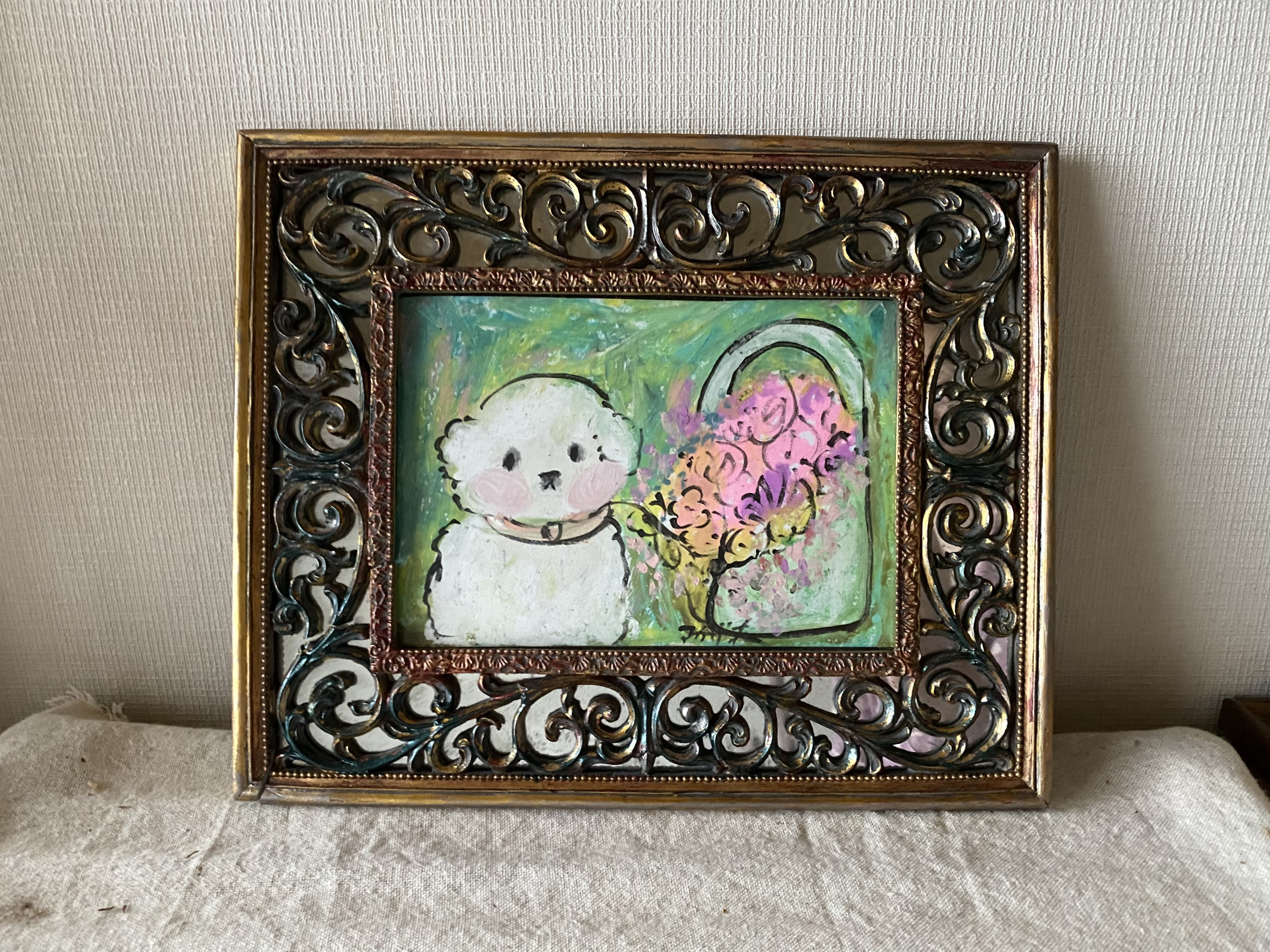 絵画。原画【美しい花かごを持ってかわいいワンちゃんとデートに行く】 絵画。原画【美しい花かごを持ってかわいいワンちゃんとデートに