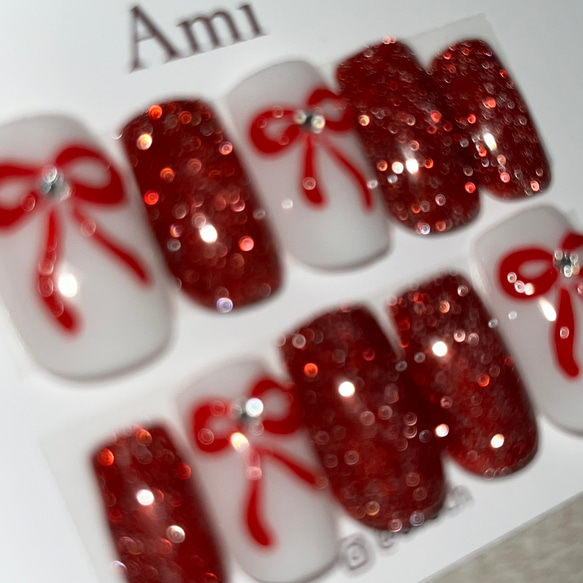 ネイルチップ＊リボン フラッシュ ガーリー レッド赤 ホワイト  