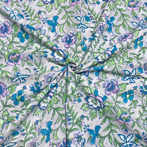 50cm単位】グレーブルーパープルフラワー インド ハンドブロック