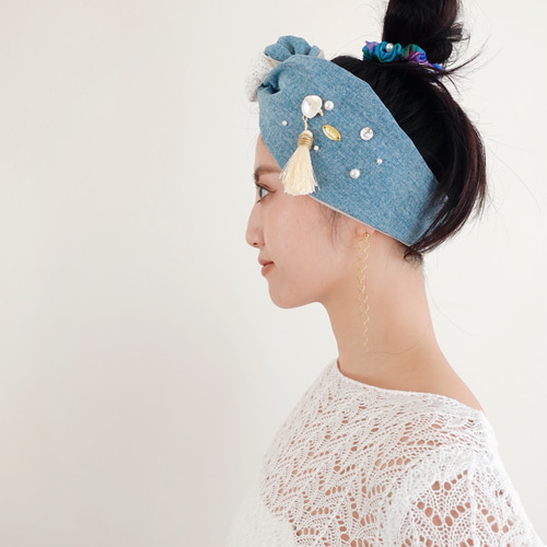 リメイクdenim×ニットレース indian fringe swarovski perl着せ